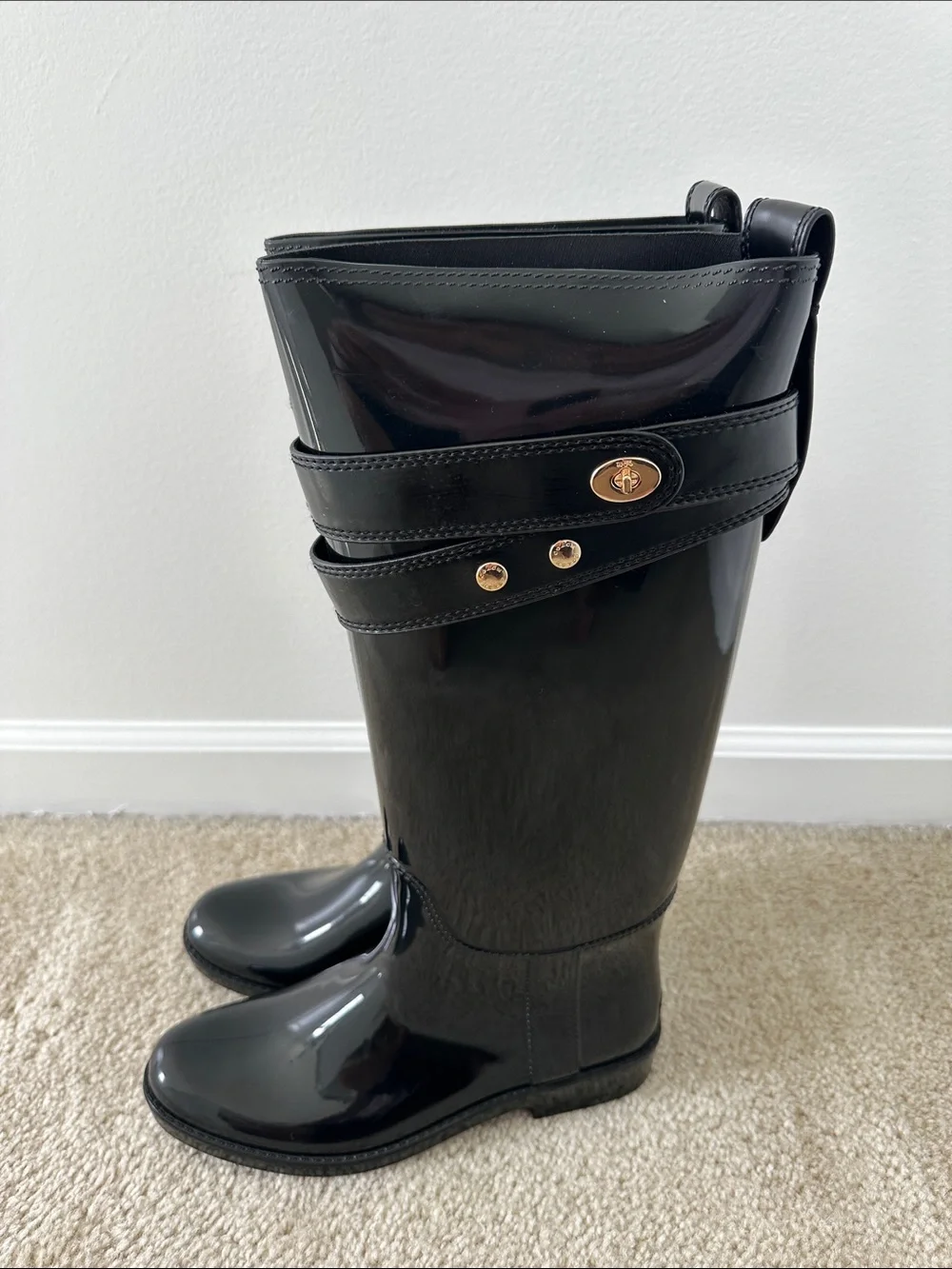 Coach Patent Black Knee-High Rain Boots with Gold Accent